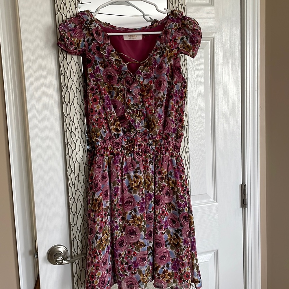Guess Floral Capped Sleeve Dress with Lace Up Detail